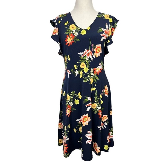 Ann Taylor Factory Stretchy Navy Blue Floral Knee Length Dress Medium Petite - Picture 1 of 8